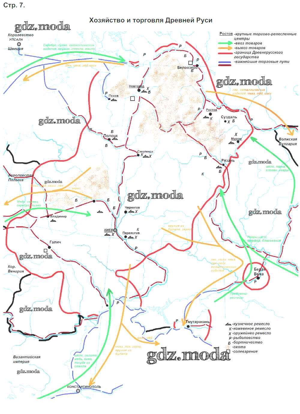 ОТВЕТ на задание № Страница 7. Хозяйство и торговля Древней Руси Контурные  карты по Истории 6 класс Тороп УМК