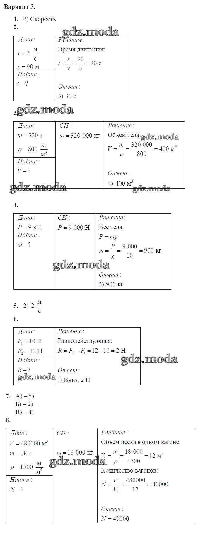 ОТВЕТ на задание № Вар. 5 Контрольные и самостоятельные работы по Физике 7  класс Громцева УМК