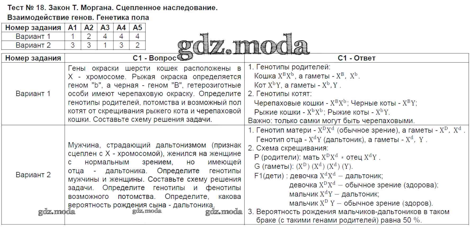 ОТВЕТ на задание № Тест №18. Закон Т. Моргана. Сцепленное наследование.  Взаимодействие генов. Генетика пола Контрольно-измерительные материалы  (КИМ) по Биологии 9 класс Богданов